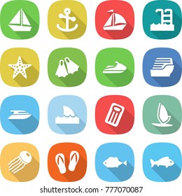 flat vector icon set - boat vector, anchor, sail, pool, starfish, flippers, jet ski, cruise ship, yacht, shark flipper, inflatable mattress, windsurfing, jellyfish, flip flops, fish