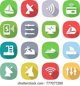 flat vector icon set - boat vector, satellite antenna, wireless, tap to pay, mobile, equalizer, monitor pulse, sail, pool, surfer, jet ski, shark flipper, setup