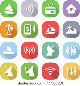 flat vector icon set - boat vector, wireless, tap to pay, home, antenna, mobile, sail, surfer, shark flipper, satellite, magnetic field, setup