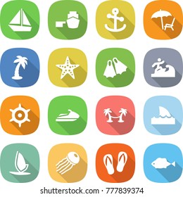 flat vector icon set - boat vector, port, anchor, lounger, palm, starfish, flippers, surfer, handwheel, jet ski, hammock, shark flipper, windsurfing, jellyfish, flip flops, fish