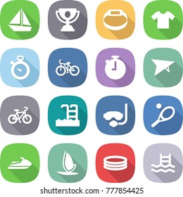 flat vector icon set - boat vector, trophy, smart bracelet, t shirt, stopwatch, bike, deltaplane, pool, diving mask, tennis, jet ski, windsurfing, inflatable