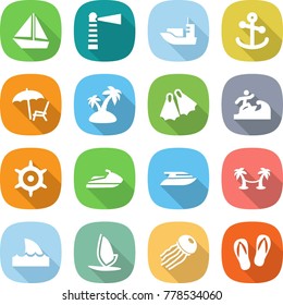 flat vector icon set - boat vector, lighthouse, sea shipping, anchor, lounger, island, flippers, surfer, handwheel, jet ski, yacht, palm hammock, shark flipper, windsurfing, jellyfish, flip flops