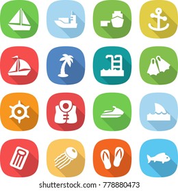 flat vector icon set - boat vector, sea shipping, port, anchor, sail, palm, pool, flippers, handwheel, life vest, jet ski, shark flipper, inflatable mattress, jellyfish, flip flops, fish