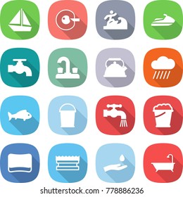flat vector icon set - boat vector, cell corection, surfer, jet ski, water tap, kettle, rain cloud, fish, bucket, foam, sponge, hand and drop, bath