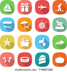 flat vector icon set - boat vector, gift, plane, tourist, lounger, disco ball, aquapark, starfish, reception, golf, jet ski, palm hammock, inflatable pool, cake, pumpkin