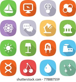 flat vector icon set - boat vector, monitor arrow, bulb brain, atom core, discussion, table lamp, goverment house, sun, floor, led, factory, dna, cherry, drop, shining