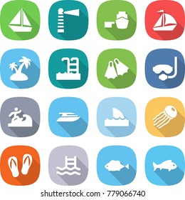 flat vector icon set - boat vector, lighthouse, port, sail, island, pool, flippers, diving mask, surfer, yacht, shark flipper, jellyfish, flip flops, fish