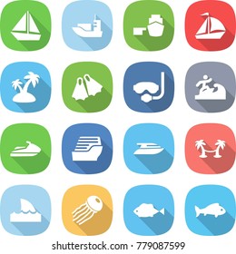 flat vector icon set - boat vector, sea shipping, port, sail, island, flippers, diving mask, surfer, jet ski, cruise ship, yacht, palm hammock, shark flipper, jellyfish, fish
