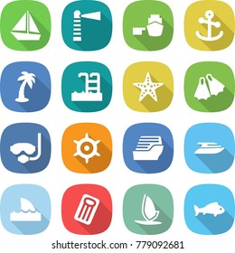 flat vector icon set - boat vector, lighthouse, port, anchor, palm, pool, starfish, flippers, diving mask, handwheel, cruise ship, yacht, shark flipper, inflatable mattress, windsurfing, fish