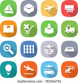 flat vector icon set - boat vector, box, plane, truck shipping, package, do not trolley sign, fork loader, cargo search, pallet, taxi, air ballon, arrival, transfer, helicopter