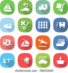 flat vector icon set - boat vector, electric car, delivery, cargo stoller, sea shipping, do not trolley sign, pallet, fast deliver, trailer, sail, arrival, cruise ship, plow, wheelbarrow, wash