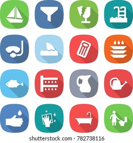 flat vector icon set - boat vector, funnel, broken, pool, diving mask, shark flipper, inflatable mattress, plate washing, fish, watering, jug, can, hand drop, wiping, bath, toilet cleaning