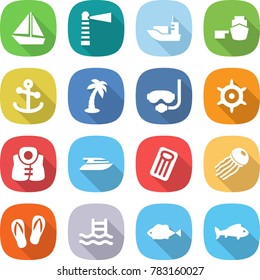 flat vector icon set - boat vector, lighthouse, sea shipping, port, anchor, palm, diving mask, handwheel, life vest, yacht, inflatable mattress, jellyfish, flip flops, pool, fish