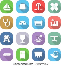 flat vector icon set - boat vector, chip, laser, medical patch, stethoscope, dome house, gothic architecture, city, medal, fragile, sun potection, table, speed train, fridge, udder, floor washing