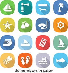 flat vector icon set - boat vector, lighthouse, lounger, palm, starfish, flippers, diving mask, handwheel, cruise ship, shark flipper, inflatable mattress, windsurfing, jellyfish, flip flops, pool