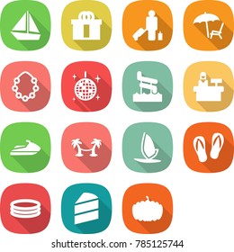 flat vector icon set - boat vector, hi quality package, passenger, lounger, hawaiian wreath, disco ball, aquapark, reception, jet ski, palm hammock, windsurfing, flip flops, inflatable pool, cake