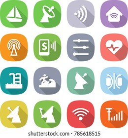 flat vector icon set - boat vector, satellite antenna, wireless, home, mobile pay, equalizer, heart pulse, pool, surfer, magnetic field, signal