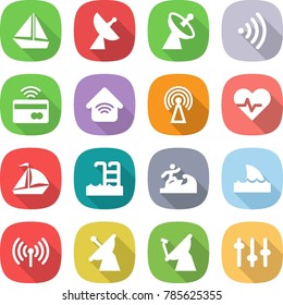 flat vector icon set - boat vector, satellite antenna, wireless, tap to pay, home, heart pulse, sail, pool, surfer, shark flipper, setup