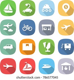 flat vector icon set - boat vector, electric car, lunar rover, dollar pin, journey, bike, gas station, plane, shipping, package box, broken, fast deliver, sail, yacht, warehouse