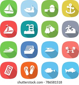flat vector icon set - boat vector, sea shipping, port, anchor, sail, pool, flippers, surfer, jet ski, cruise ship, yacht, palm hammock, inflatable mattress, flip flops, fish