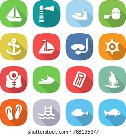 flat vector icon set - boat vector, lighthouse, sea shipping, port, anchor, sail, diving mask, handwheel, life vest, jet ski, inflatable mattress, windsurfing, flip flops, pool, fish