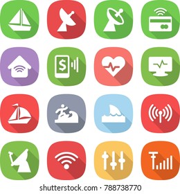 flat vector icon set - boat vector, satellite antenna, tap to pay, wireless home, mobile, heart pulse, monitor, sail, surfer, shark flipper, setup, signal