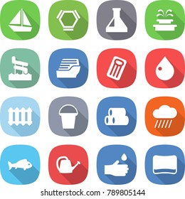flat vector icon set - boat vector, hex molecule, flask, fountain, aquapark, cruise ship, inflatable mattress, drop, radiator, bucket, pipes, rain cloud, fish, watering can, hand, sponge