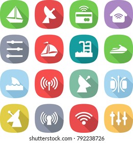 flat vector icon set - boat vector, satellite antenna, tap to pay, wireless home, equalizer, sail, pool, jet ski, shark flipper, magnetic field, setup