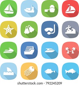 flat vector icon set - boat vector, sea shipping, port, sail, starfish, flippers, diving mask, surfer, jet ski, cruise ship, yacht, palm hammock, shark flipper, jellyfish, fish