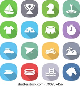 flat vector icon set - boat vector, trophy, chess horse, target, t shirt, dome house, stadium, stopwatch, car baggage, deltaplane, motorcycle, surfer, yacht, inflatable pool