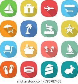 flat vector icon set - boat vector, hi quality package, plane, lounger, palm, aquapark, starfish, baggage trolley, reception, hammock, windsurfing, flip flops, inflatable pool, cake, rabbit