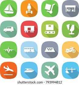 flat vector icon set - boat vector, hoverboard, cargo stoller, gas station, car shipping, railroad, transporter tape, broken, plane, bus, taxi, motorcycle, arrival, yacht, plow