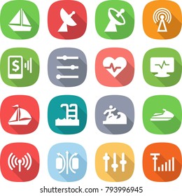 flat vector icon set - boat vector, satellite antenna, mobile pay, equalizer, heart pulse, monitor, sail, pool, surfer, jet ski, wireless, magnetic field, setup, signal