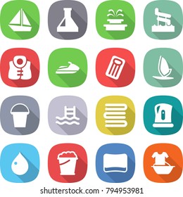 flat vector icon set - boat vector, flask, fountain, aquapark, life vest, jet ski, inflatable mattress, windsurfing, bucket, pool, towels, kettle, drop, foam, sponge, handle washing