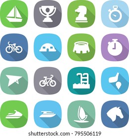 flat vector icon set - boat vector, trophy, chess horse, stopwatch, bike, dome house, stadium, deltaplane, pool, golf, jet ski, yacht, windsurfing