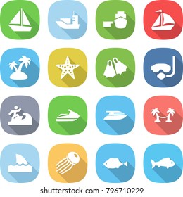 flat vector icon set - boat vector, sea shipping, port, sail, island, starfish, flippers, diving mask, surfer, jet ski, yacht, palm hammock, shark flipper, jellyfish, fish