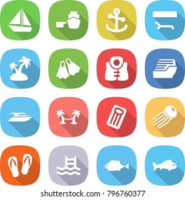 flat vector icon set - boat vector, port, anchor, lounger, island, flippers, life vest, cruise ship, yacht, palm hammock, inflatable mattress, jellyfish, flip flops, pool, fish