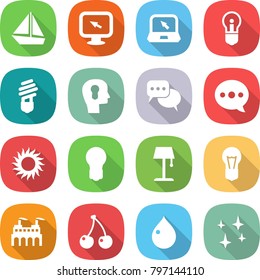 flat vector icon set - boat vector, monitor arrow, notebook, bulb, head, discussion, balloon, sun, floor lamp, factory, cherry, drop, shining