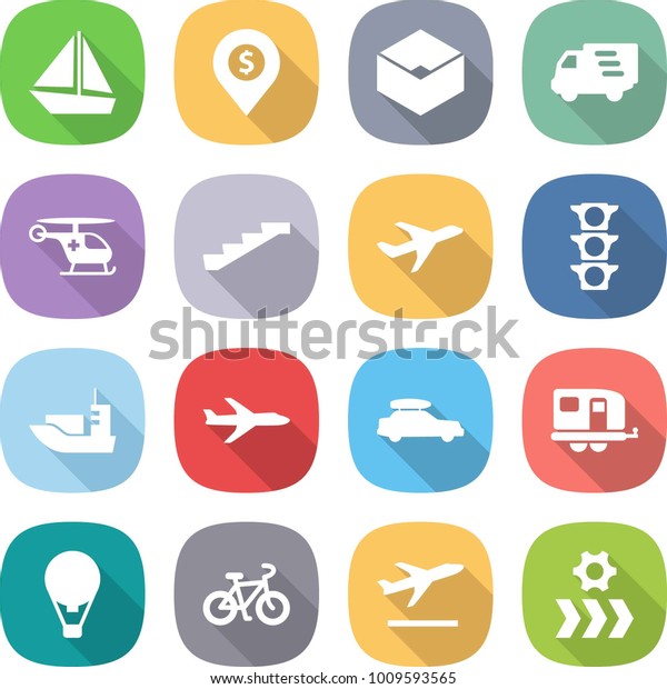 flat vector icon set - boat vector, dollar pin,
box, delivery, ambulance helicopter, stairs, plane, traffic light,
sea shipping, car baggage, trailer, air ballon, bike, departure,
conveyor