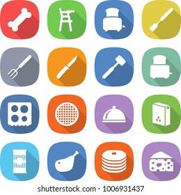 flat vector icon set - bone vector, Chair for babies, toaster, spatula, big fork, knife, meat hammer, hob, sieve, meal cap, cereals, pasta, chicken leg, pancakes, cheese