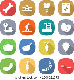 flat vector icon set - bone vector, hospital, tooth implant, roentgen, warehouse scales, tourist, pool, eggs, tomato, chicken leg, carrot, berry, eggplant, peas, brush