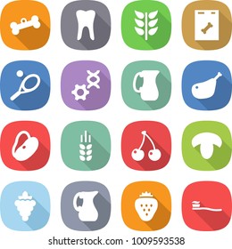 flat vector icon set - bone vector, tooth, spikelets, roentgen, tennis, dna edit, jug, chicken leg, beans, spike, cherry, mushroom, grape, strawberry, brush