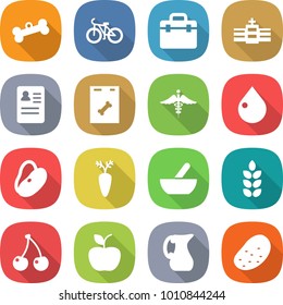 flat vector icon set - bone vector, bike, doctor bag, hospital, anamnesis, roentgen, ambulance sign, drop, beans, carrot, mortar, spike, cherry, apple, jug, potato