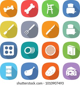 flat vector icon set - bone vector, Chair for babies, toaster, spatula, big fork, knife, hob, plates, sieve, cereals, pasta, chicken leg, potato, cheese