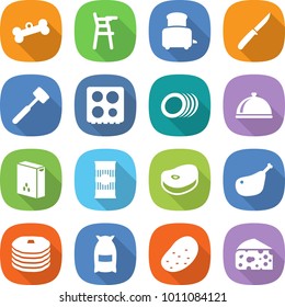 flat vector icon set - bone vector, Chair for babies, toaster, knife, meat hammer, hob, plates, meal cap, cereals, pasta, steake, chicken leg, pancakes, flour, potato, cheese