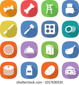 flat vector icon set - bone vector, Chair for babies, toaster, spatula, meat hammer, hob, plates, sieve, meal cap, cereals, chicken leg, pancakes, flour, potato, cheese