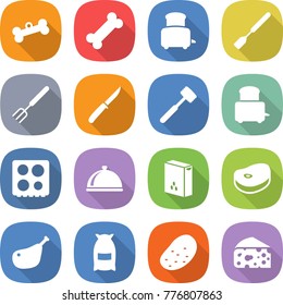 flat vector icon set - bone vector, toaster, spatula, big fork, knife, meat hammer, hob, meal cap, cereals, steake, chicken leg, flour, potato, cheese