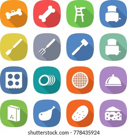flat vector icon set - bone vector, Chair for babies, toaster, spatula, big fork, meat hammer, hob, plates, sieve, meal cap, cereals, chicken leg, potato, cheese