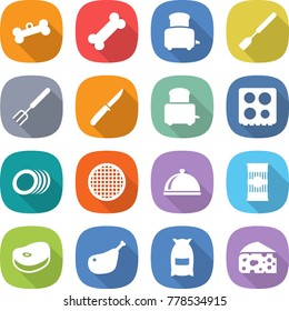 flat vector icon set - bone vector, toaster, spatula, big fork, knife, hob, plates, sieve, meal cap, pasta, steake, chicken leg, flour, cheese