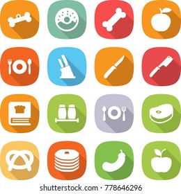 flat vector icon set - bone vector, donut, apple, cafe, knife holder, chef, cooking book, salt pepper, fork spoon plate, steake, pretzel, pancakes, eggplant
